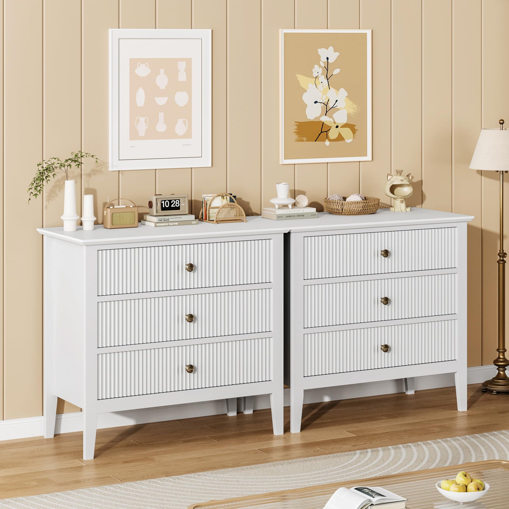 Commode Garvee blanche cannelée à 3 tiroirs, style moderne, en bois, pour chambre ou couloir, 80 cm (L) x 75 cm (H), blanche