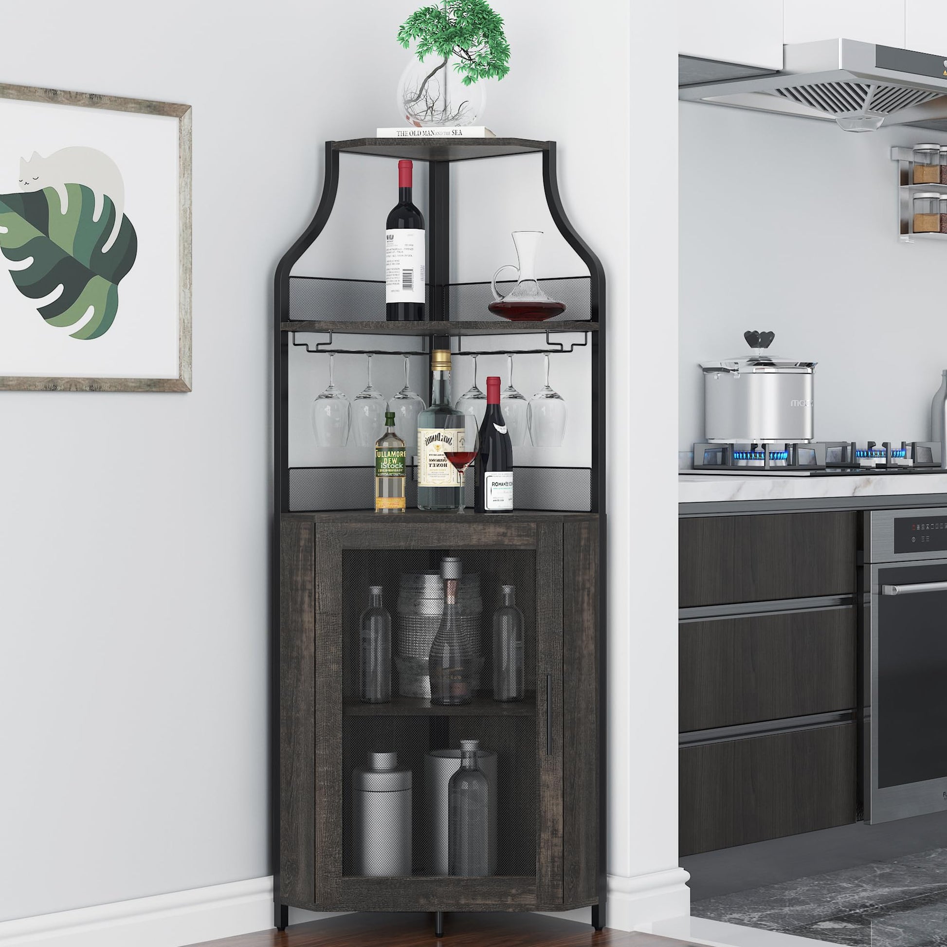 Garvee Meuble bar d'angle, 5 niveaux avec casier à vin, porte-verres, porte coulissante de style grange, idéal pour le salon et la cuisine, 47 × 45 × 154 cm, gris, gain de place, robuste