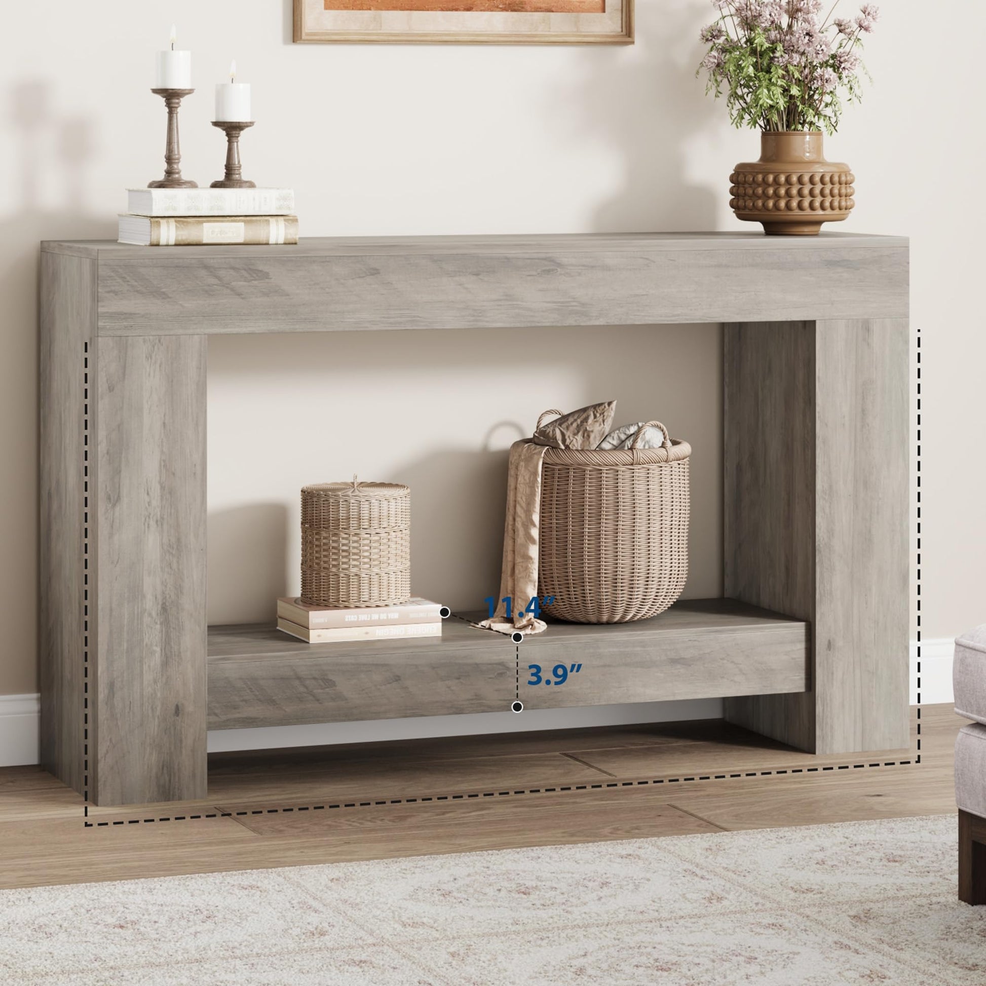 Garvee Console 119,4 cm pour couloir, 2 niveaux, bois robuste, style rustique, avec rangement, pour salon et entrée, marron