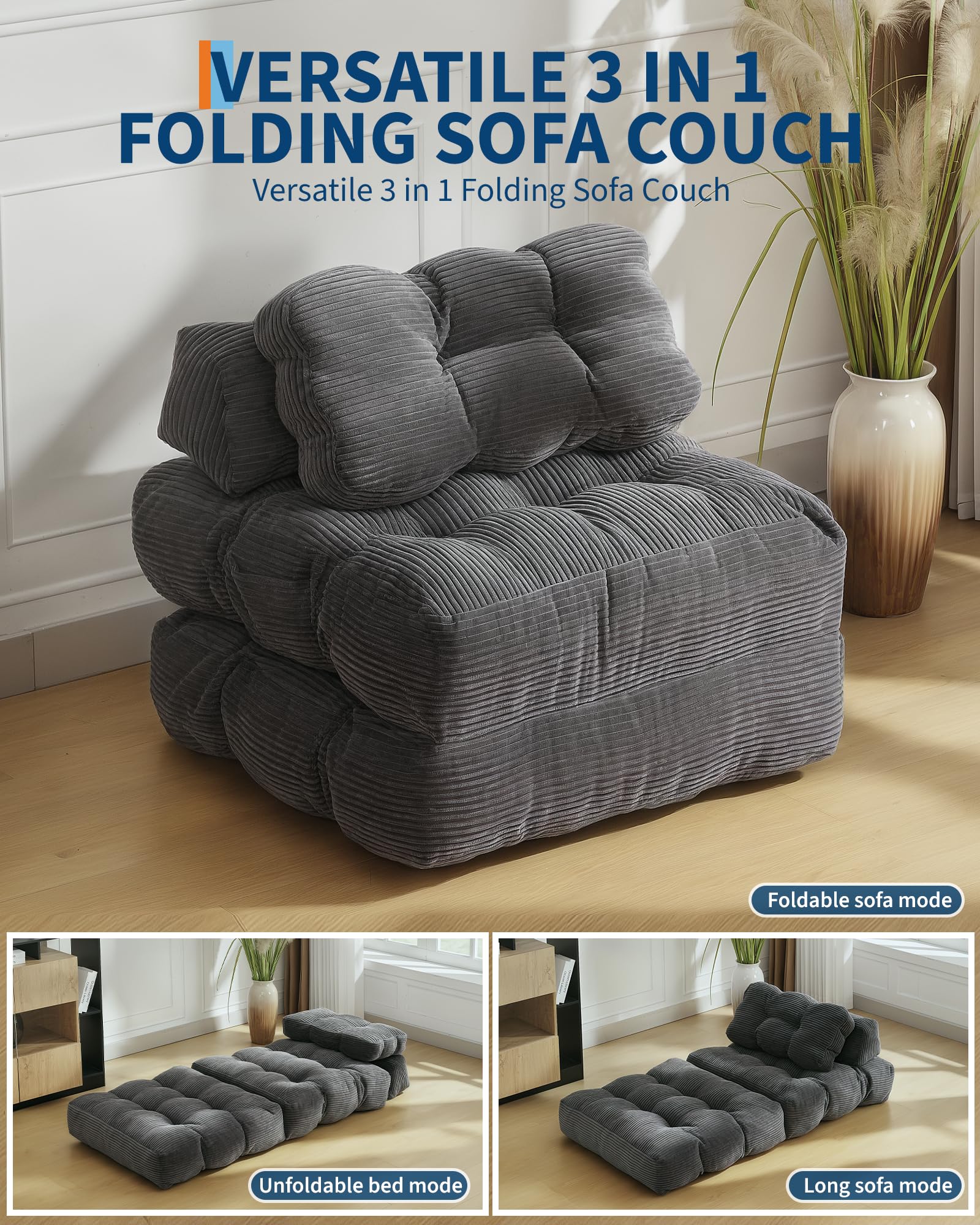 Canapé-lit pliant 3 en 1 Garvee avec coussins, soutien lombaire ergonomique, confort en mousse déchiquetée, tissu velours côtelé, gris, une place, pour salon et chambre