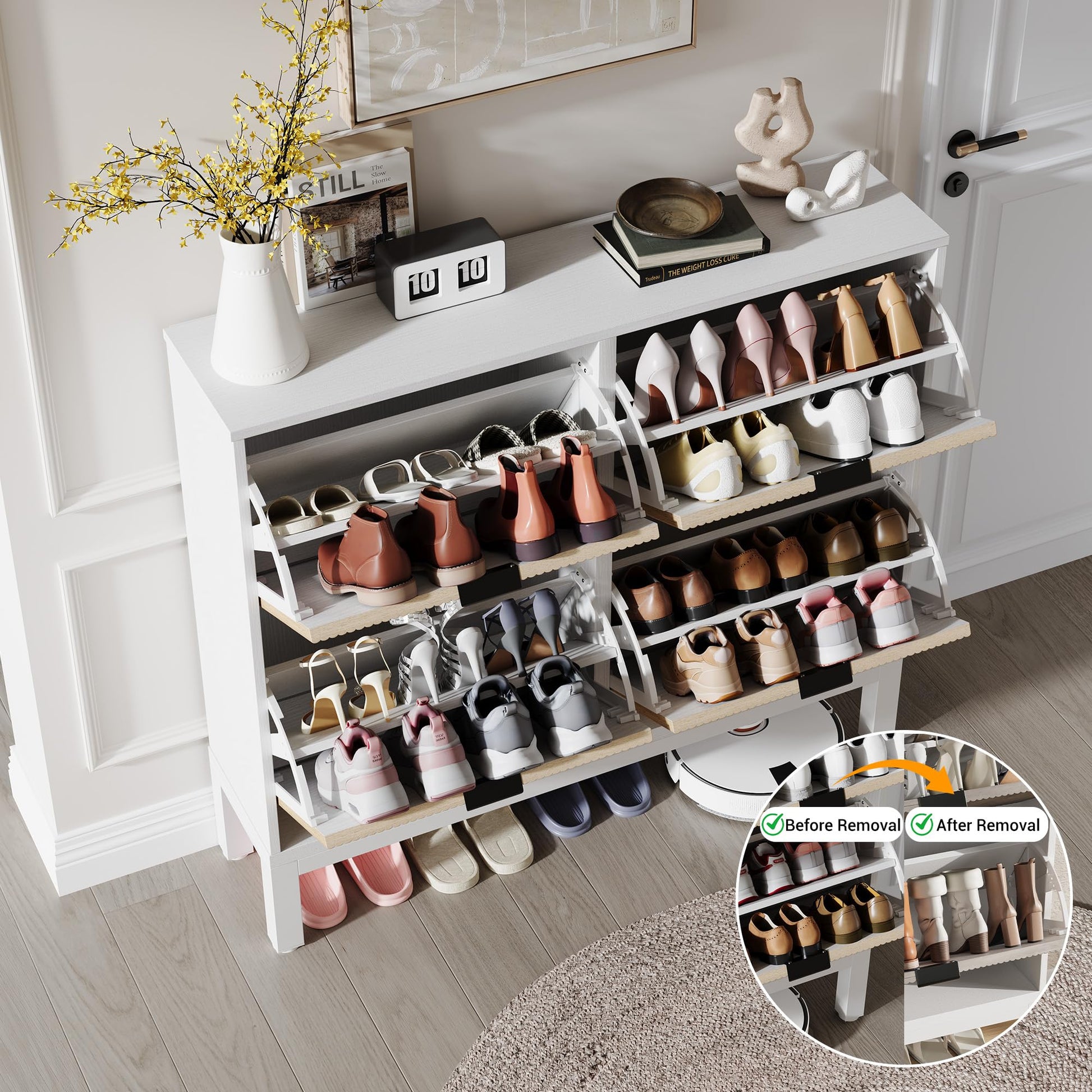Meuble à chaussures cannelé Garvee avec 4 tiroirs abattants, organisateur de chaussures étroit en bois, pieds en métal, style ferme moderne, blanc et chêne, gain de place pour l'entrée