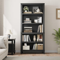 Garvee Bibliothèque farmhouse noire 180 cm, largeur 80 cm, 5 niveaux avec étagères réglables et pieds en bois, style rustique vintage pour salon, bureau et bibliothèque
