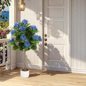 Hortensia artificiel Garvee de 95 cm avec 9 fleurs bleues, feuilles en polyester résistant, pot noir pour la décoration de la maison et du bureau