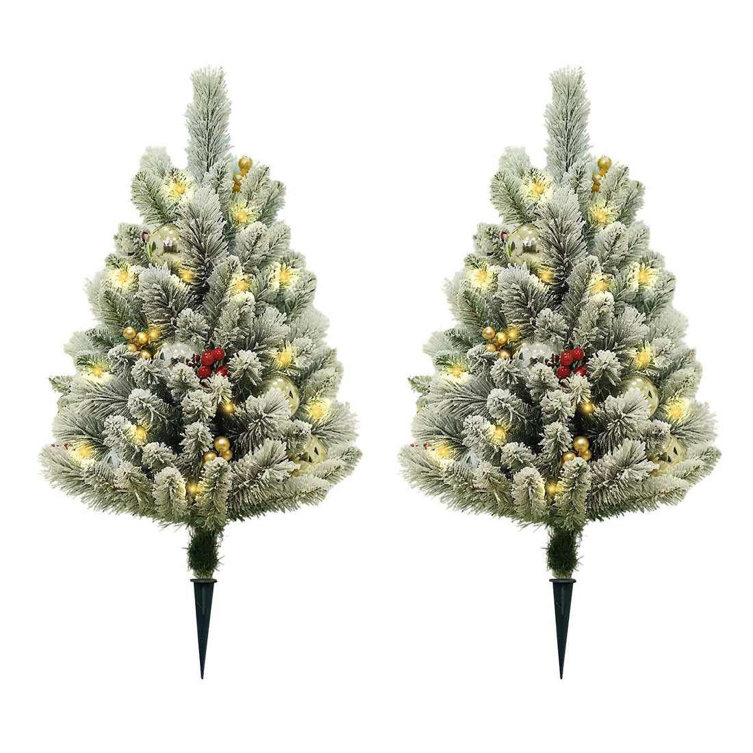 Garvee Lot de 2 sapins de Noël LED 75 cm, PVC effet neige floquée, avec baies rouges, boules dorées, décorations et lumières, pour intérieur et extérieur