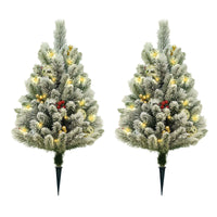Garvee Lot de 2 sapins de Noël LED 75 cm, PVC effet neige floquée, avec baies rouges, boules dorées, décorations et lumières, pour intérieur et extérieur