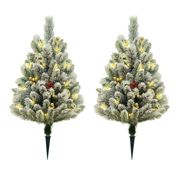 Garvee Lot de 2 sapins de Noël LED 75 cm, PVC effet neige floquée, avec baies rouges, boules dorées, décorations et lumières, pour intérieur et extérieur