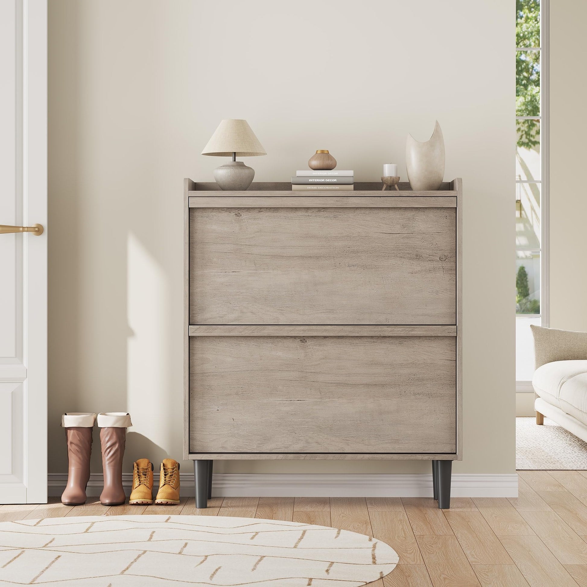 Meuble à chaussures Garvee avec 2 tiroirs abattants, étagère réglable, bois MDF, gain de place, robuste, gris, pour entrée et salon