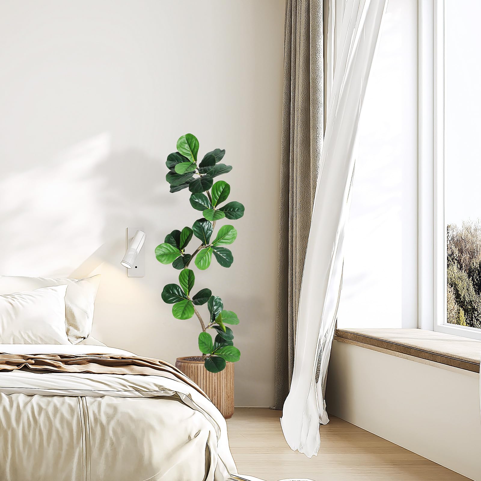 Garvee Ficus lyrata artificiel 152 cm en forme de S, pot blanc, feuilles en soie réalistes et branches ajustables, vert