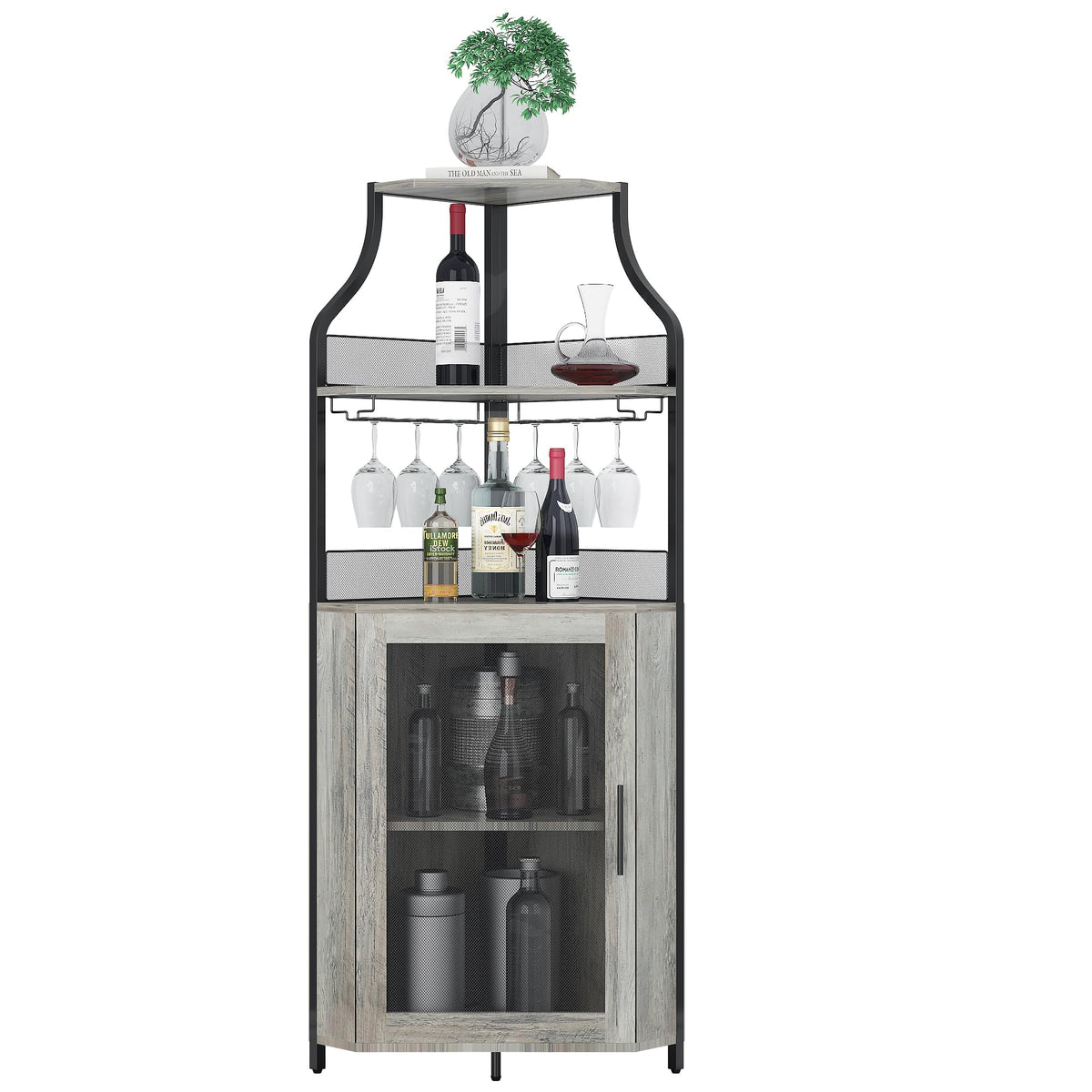 Garvee Meuble de rangement d'angle à 5 niveaux, étagères réglables, MDF et métal, porte coulissante de style grange, gris, pour cuisine et salle à manger, 47 × 45 × 154 cm