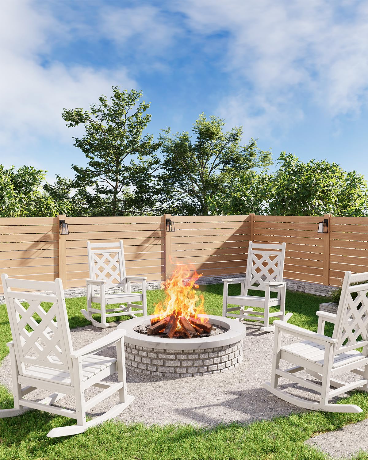 Fauteuil à bascule d'extérieur Garvee en PEHD résistant aux intempéries avec imitation bois pour terrasse et jardin, capacité de charge de 172 kg, blanc, ergonomique et facile à nettoyer