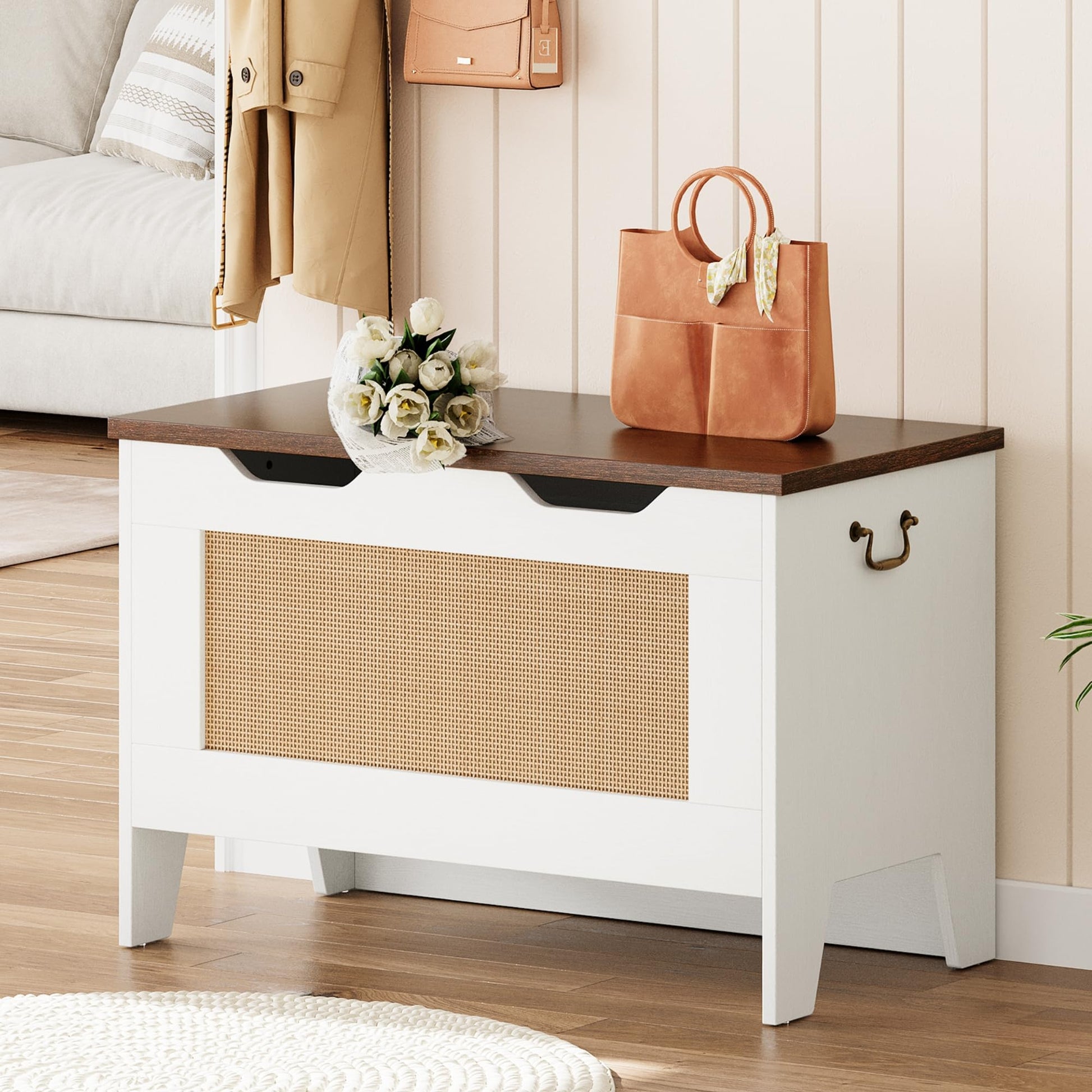 Garvee Coffre de Rangement en Bois avec Charnières de Sécurité, Banc Robuste 159 kg, Style Rustique Blanc, pour Salon et Salle de Jeux