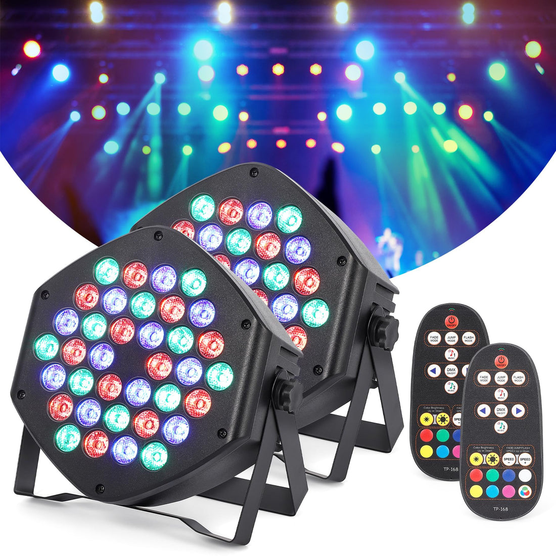Projecteur LED rechargeable Garvee PAR 36 LED RGB, 7 modes d'éclairage, télécommande flexible, éclairage de scène multicolore, idéal pour DJ, discothèque et spectacles.