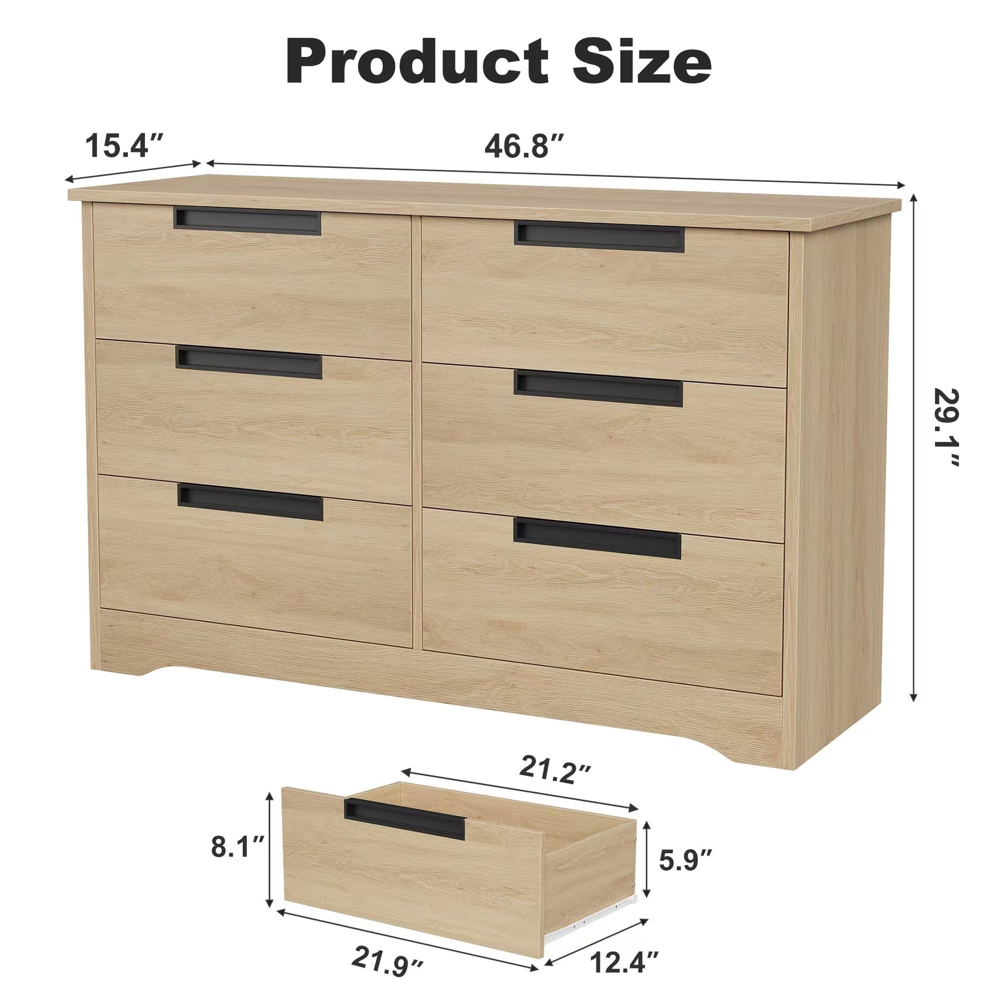 Commode moderne en bois Garvee à 6 tiroirs avec poignées encastrées pour chambre et salon, robuste et polyvalente
