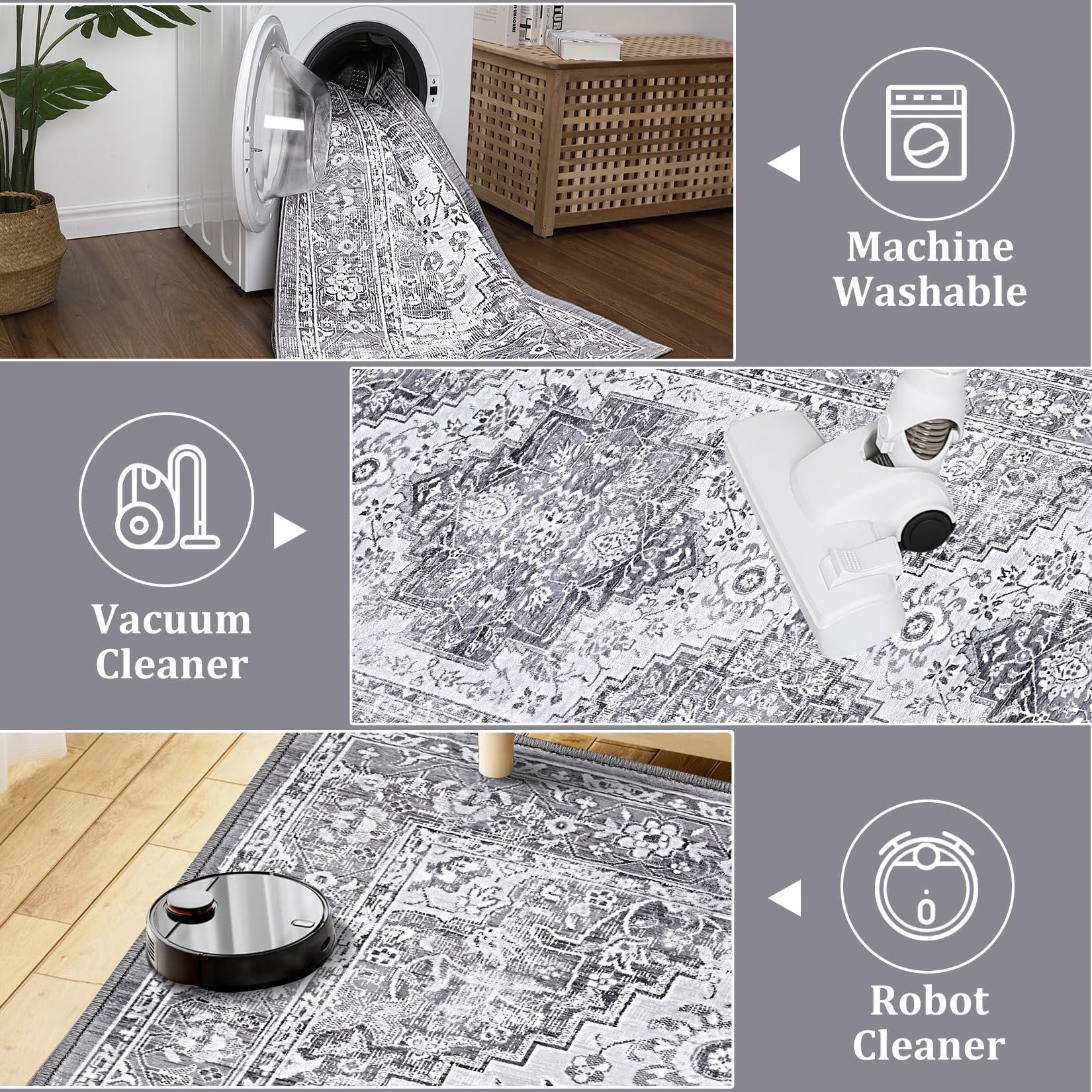 Tapis vintage Garvee, motif oriental, antidérapant, antitache, lavable, poils courts, gris, 160 x 230 cm, salon, chambre