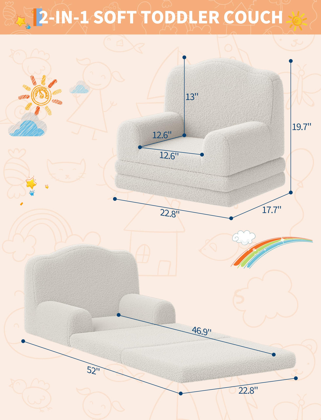 Garvee Canapé enfant 2-en-1 pliable, coussin doux en sherpa, mousse haute densité, antidérapant et sécuritaire pour la salle de jeux, 1, 47 × 3, 35 × 0, 84 mcm, blanc