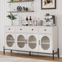 Buffet Garvee 62'' avec rangement, 3 tiroirs, 4 portes vitrées cannelées pour cuisine et salle à manger, bois et métal, robuste et polyvalent