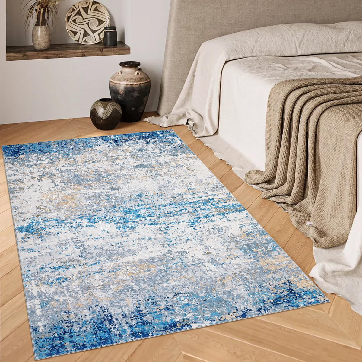 Tapis abstrait moderne Garvee, lavable, antidérapant, pour salon ou chambre, 120 x 170 cm, bleu