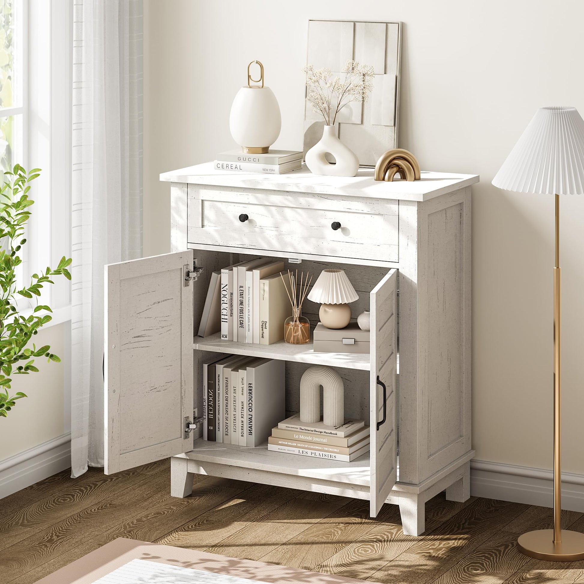 Garvee Armoire de rangement style ferme, étagère réglable à 3 niveaux, 7 vitesses, blanche, pour cuisine et entrée, 40 × 80 × 91 cm, style rustique