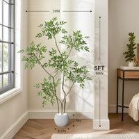 Plante Nandina artificielle Garvee de 1,5 m avec pot en céramique grise, idéale pour la décoration intérieure du salon ou du bureau. Entretien facile, feuilles réalistes.