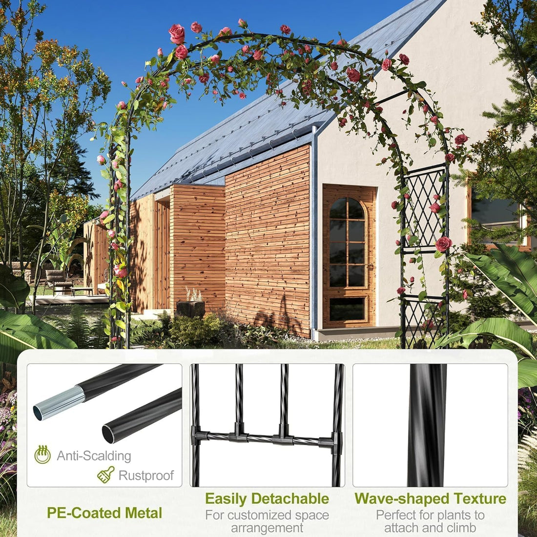 Arche de jardin Garvee 200 cm avec 2 jardinières, arche en métal revêtu de PE résistant aux intempéries pour le jardin et les réceptions, robuste et polyvalente, blanche