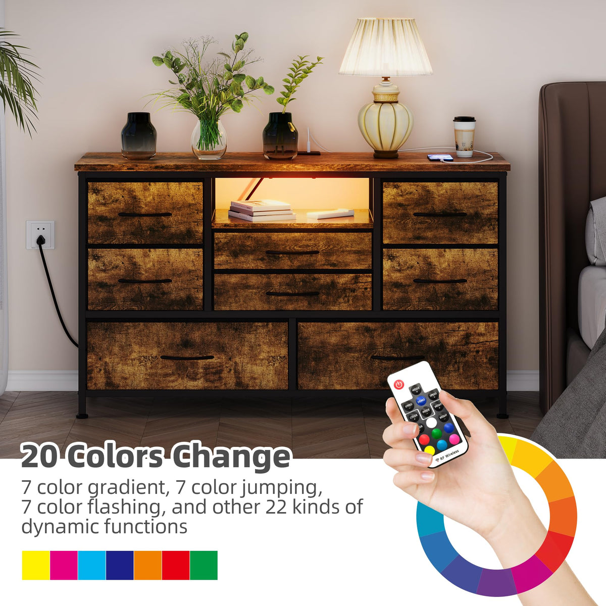 Garvee Meuble TV à 8 tiroirs, éclairage LED, prises électriques intégrées pour le salon et la chambre, en MDF résistant aux rayures, avec système de gestion des câbles.