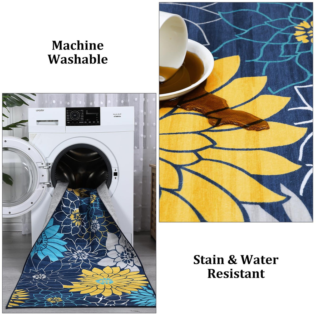 Tapis de salon Garvee lavable en machine à motif floral, antidérapant, plat, pour chambre, cuisine, chambre d'enfant, bleu, 160 x 230 cm