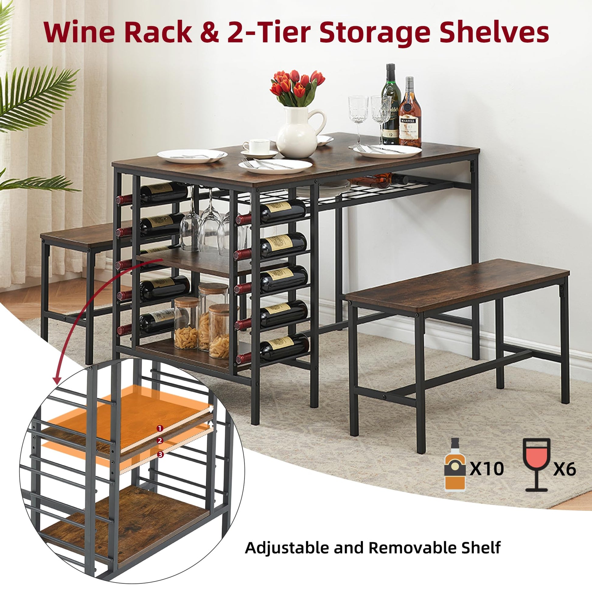 Ensemble table et chaises Garvee pour 4 personnes avec casier à vin et rangement, structure robuste en métal et bois, gain de place, forme rectangulaire, idéal pour les petites pièces