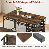 Ensemble table et chaises Garvee pour 4 personnes avec casier à vin et rangement, structure robuste en métal et bois, gain de place, forme rectangulaire, idéal pour les petites pièces