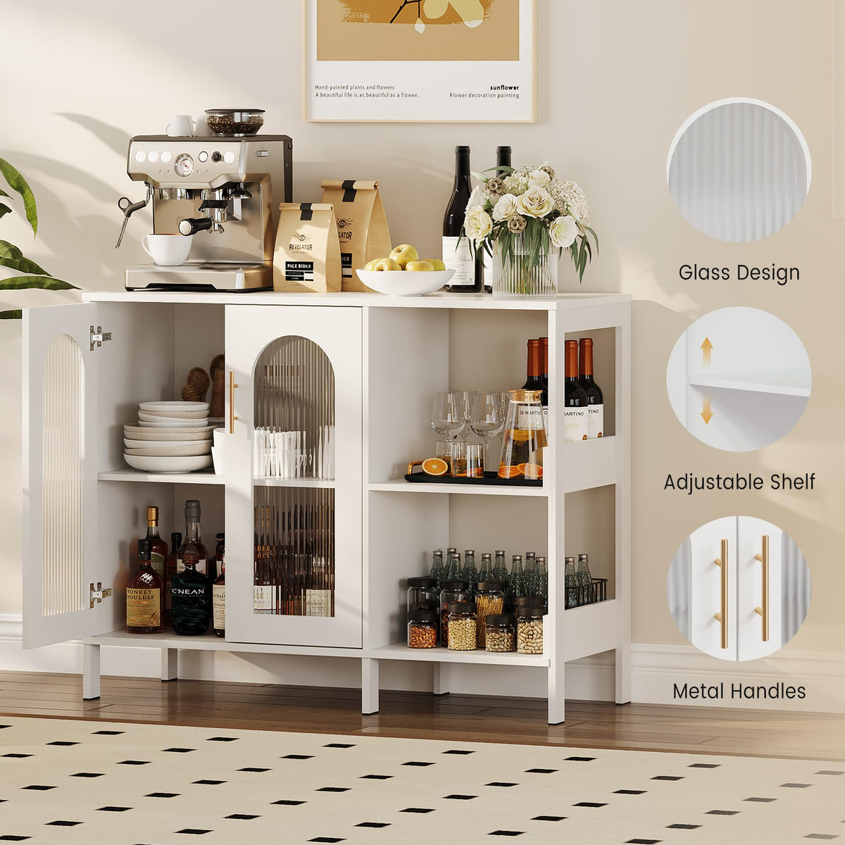 Garvee buffet avec portes vitrées, étagères réglables, MDF 3c, verre, poignées en métal, blanc moderne, pour le salon et la salle à manger