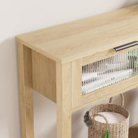 Garvee Console en MDF Bois naturel avec 2 Tiroirs à Façades en Verre, L. 110 × P. 30 × H. 80 cm, Meuble de Rangement pour Salon et Entrée