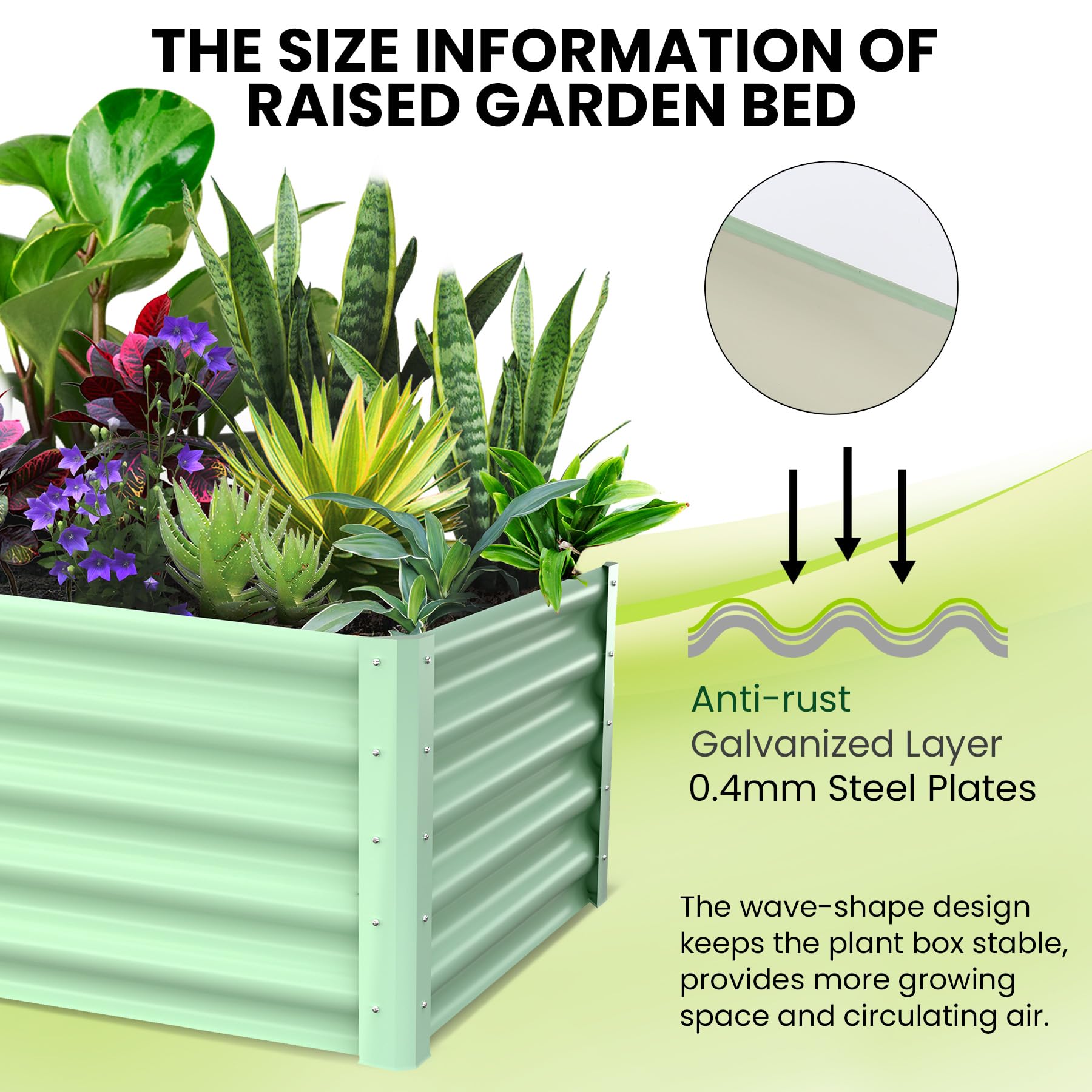 Jardinière surélevée galvanisée Garvee 180 x 90 x 45 cm en acier avec rebord de sécurité pour jardin et terrasse, durable et antirouille