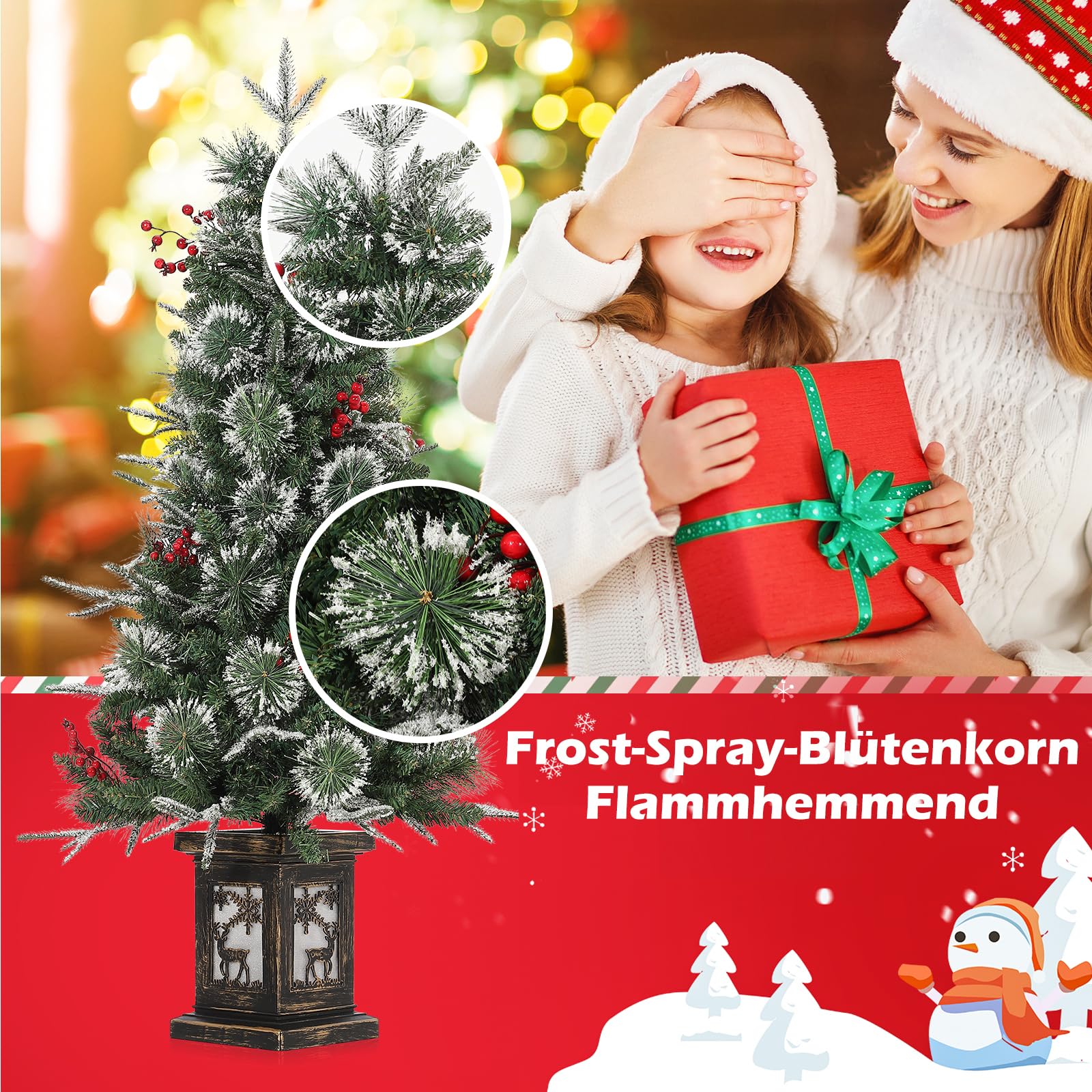 Sapin de Noël artificiel Garvee 125 cm avec éclairage LED et socle renne - Décoration de Noël festive