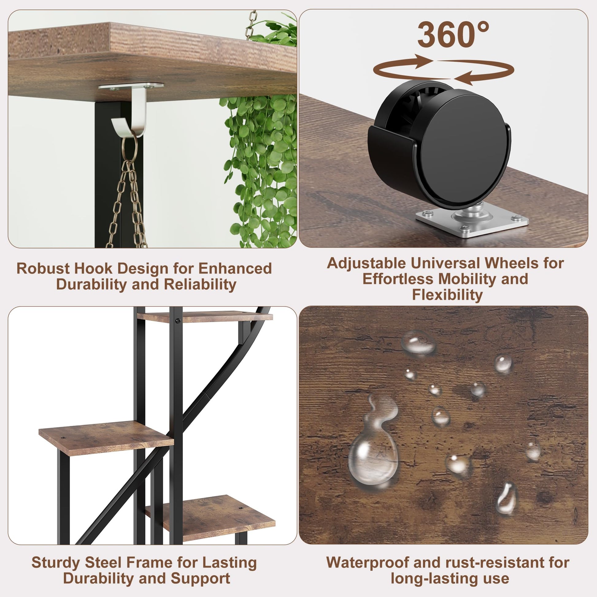 Ensemble Garvee de 2 supports à plantes en métal à 6 niveaux avec roulettes, design en demi-cœur, étagères en bois pour jardin et balcon, mobile, robuste, 173 cm (68 pouces), noir