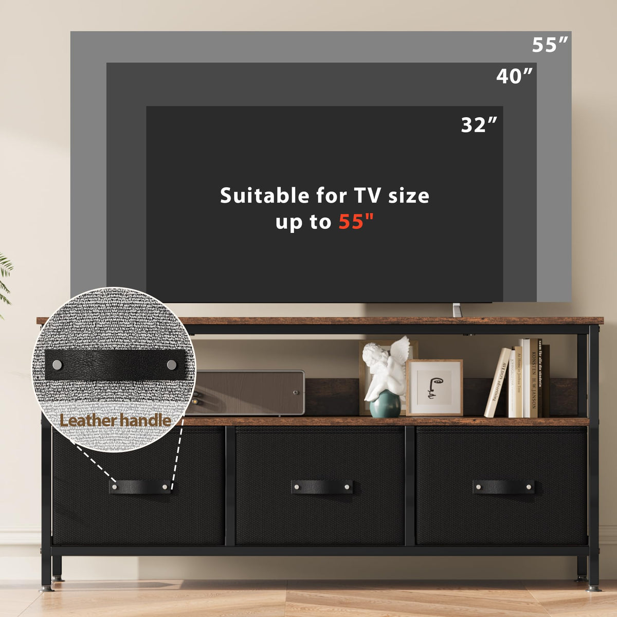 Garvee Meuble TV 140 cm avec 3 tiroirs, structure en MDF et métal robuste, idéal pour le salon et la chambre, pieds réglables, compact, marron