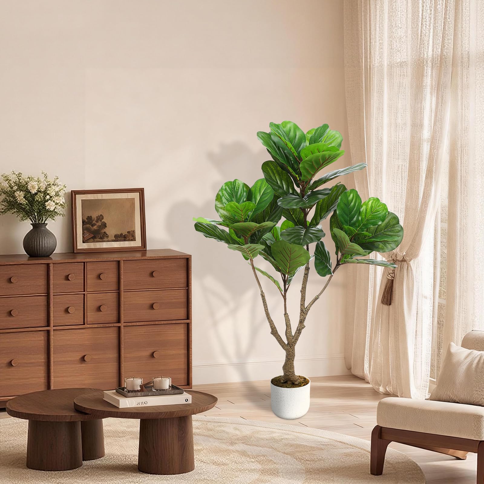 Figuier lyre artificiel Garvee, 1,13 m (3,7 pi), aspect réaliste, en PEVA, pot en ciment robuste, décoration pour bureau ou salon, vert