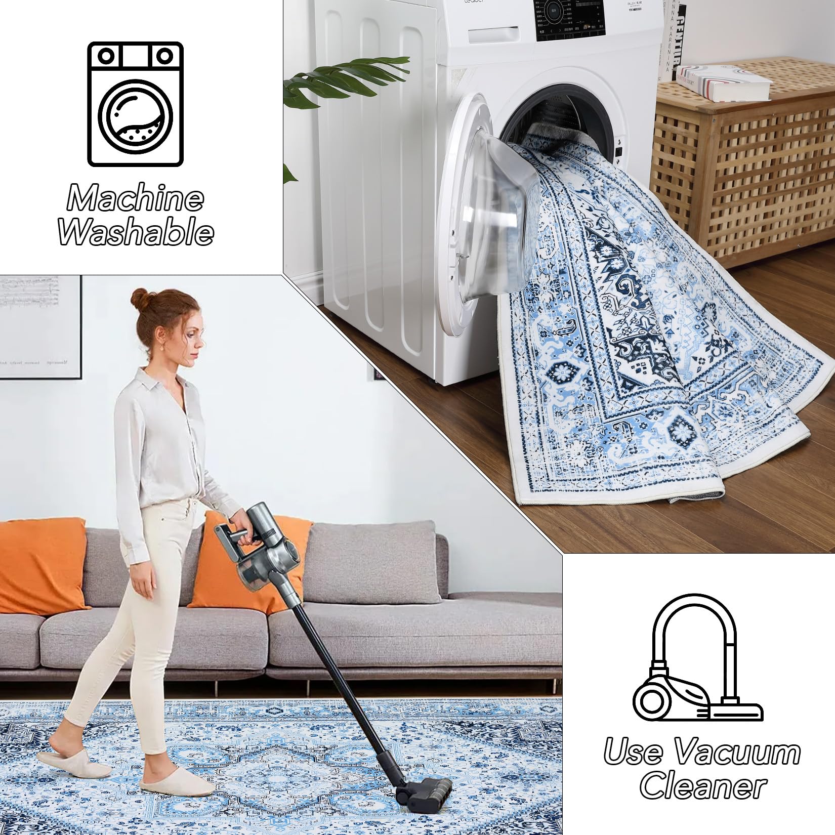 Tapis tribal Garvee bleu 200x290cm lavable, antidérapant, doux, imprimé pour l'intérieur, bureau ou chambre