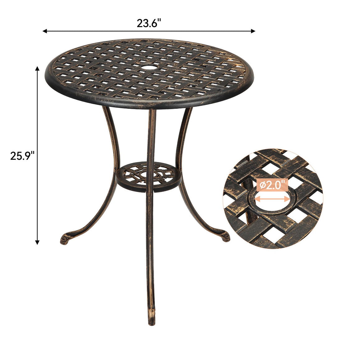 Table bistro Garvee 24" en aluminium avec trou pour parasol, antirouille, bronze vieilli, idéale pour le jardin et le balcon, robuste et légère.