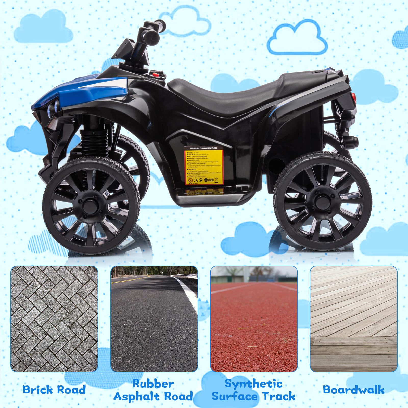 Garvee Quad électrique enfant 6 V avec éclairage LED, musique et conduite sécurisée, bleu, dès 3 ans