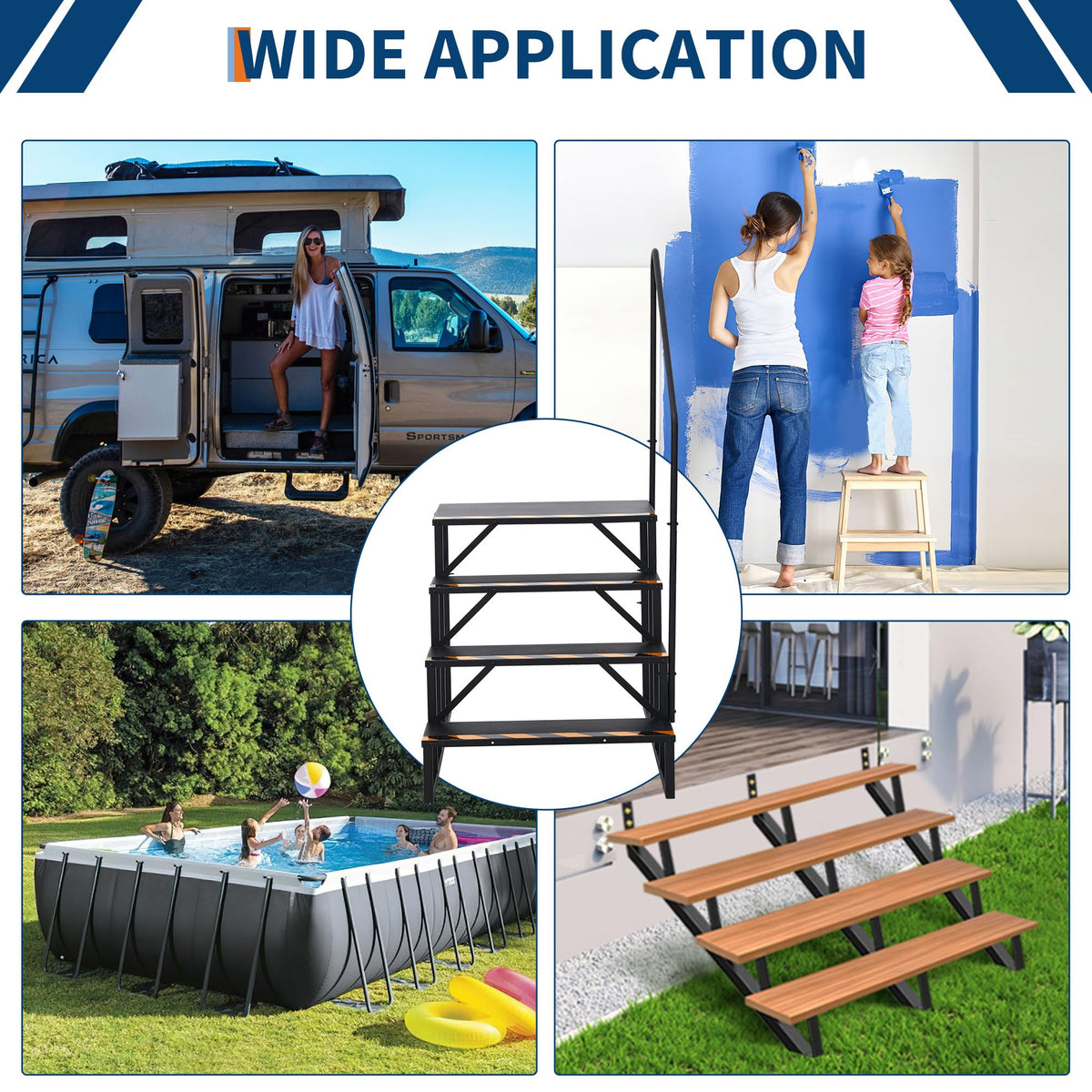 Escalier 4 marches pour camping-car avec rampe – antidérapant et portable, en acier thermolaqué noir