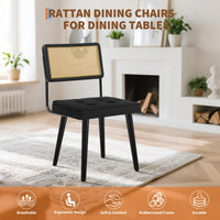 Ensemble de 2 chaises de salle à manger Garvee en rotin naturel, assise en velours et pieds en bois massif, style bohème noir, pour la cuisine et la salle à manger.