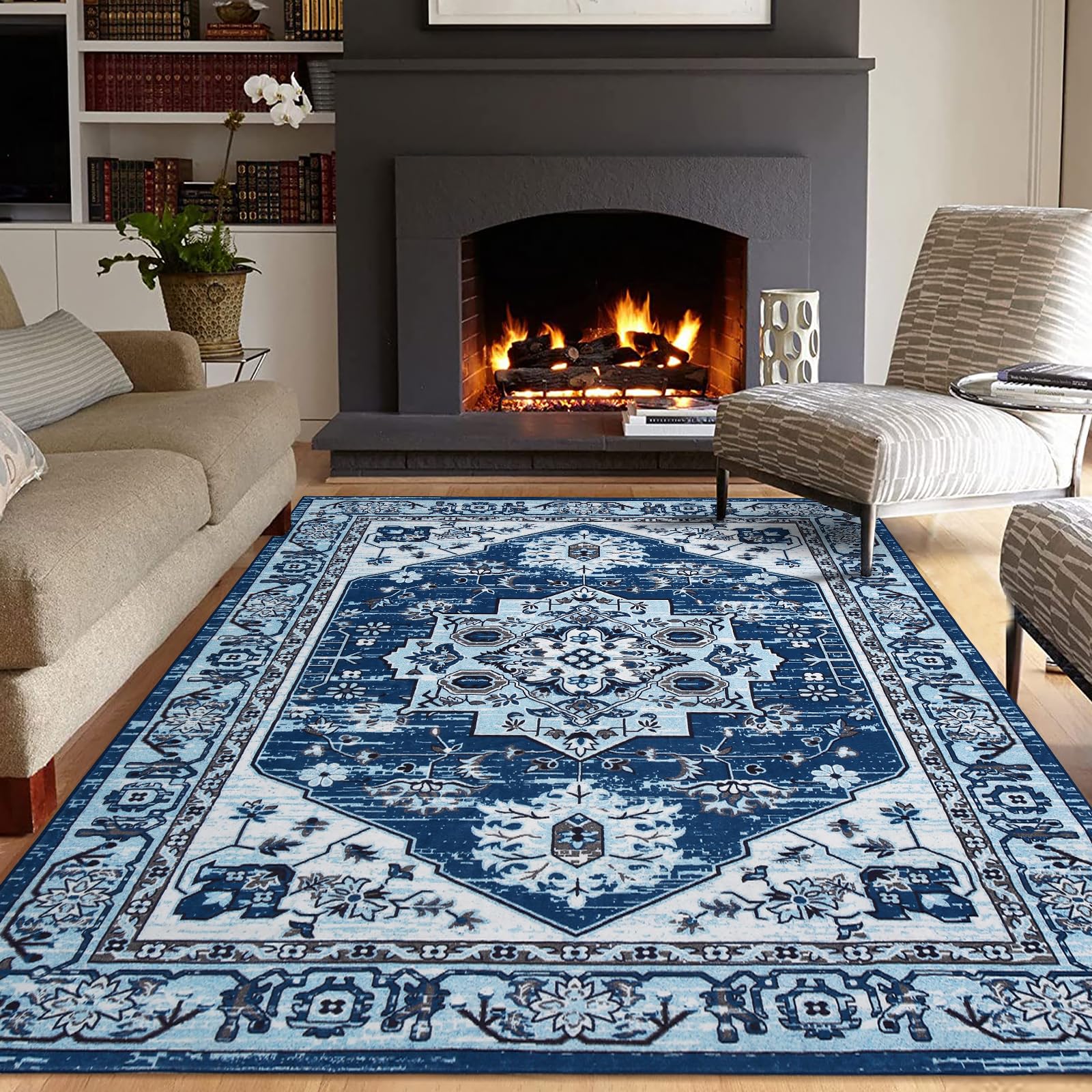Tapis moderne à poils courts Garvee, antidérapant et lavable, en polyester, motif floral, bleu marine, 120 x 170 cm, pour salon et bureau.