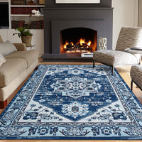 Tapis moderne à poils courts Garvee, antidérapant et lavable, en polyester, motif floral, bleu marine, 120 x 170 cm, pour salon et bureau.