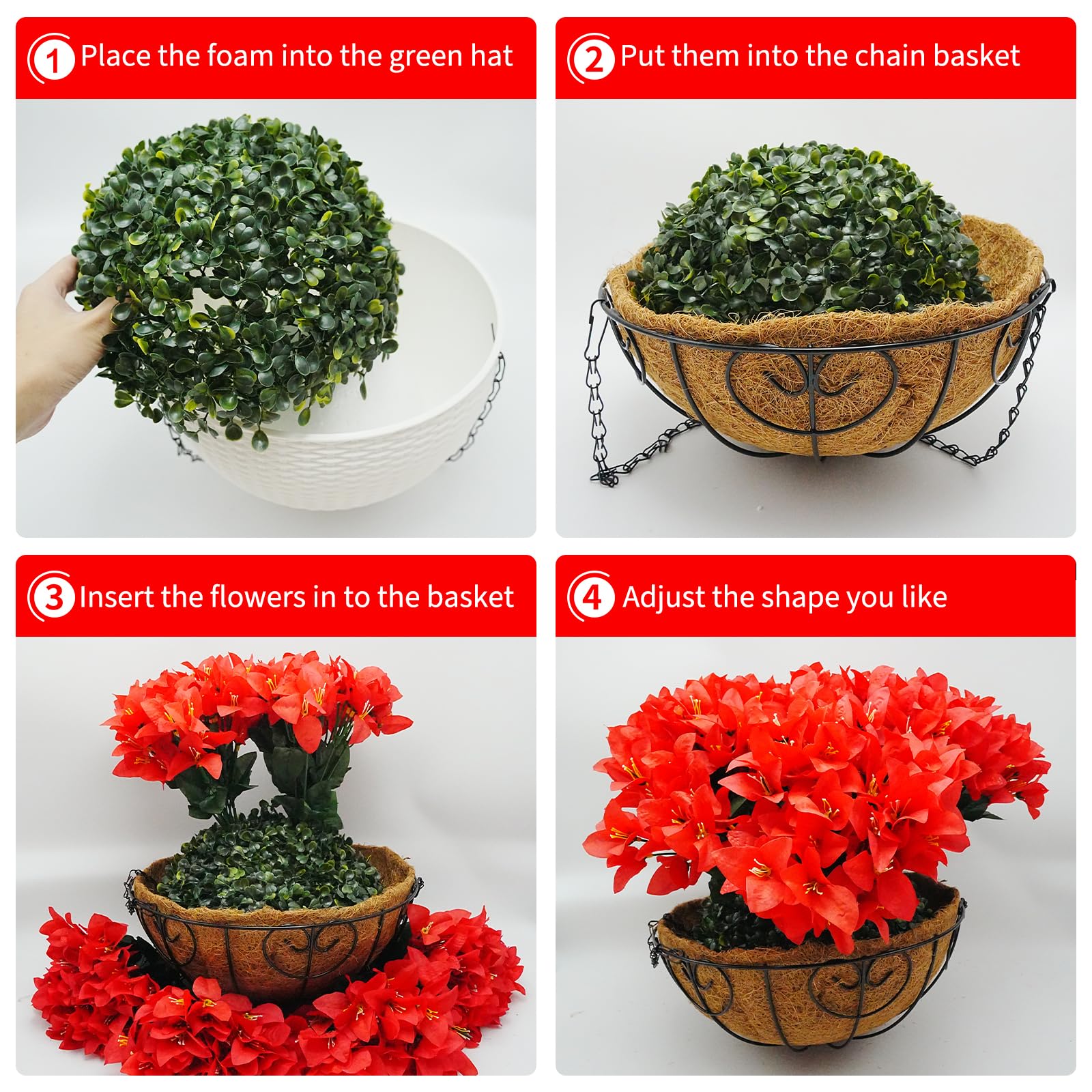 Ensemble de bougainvilliers artificiels Garvee avec panier pour jardin et terrasse, résistant aux intempéries et aux UV, rouge et vert