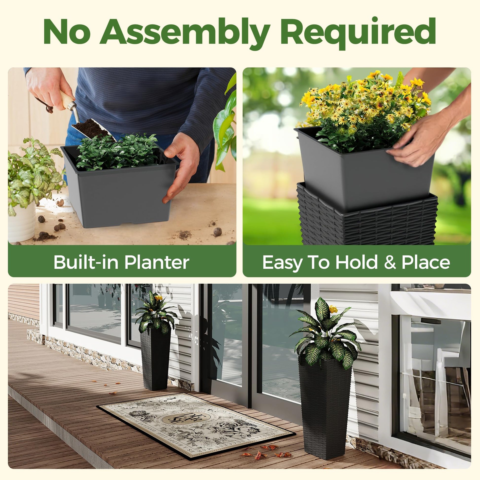 Garvee Lot de 2 jardinières hautes, 61 cm (24 pouces), avec 4 trous de drainage, résistantes aux intempéries, aspect rotin, plastique PP, pour jardin et terrasse, noires