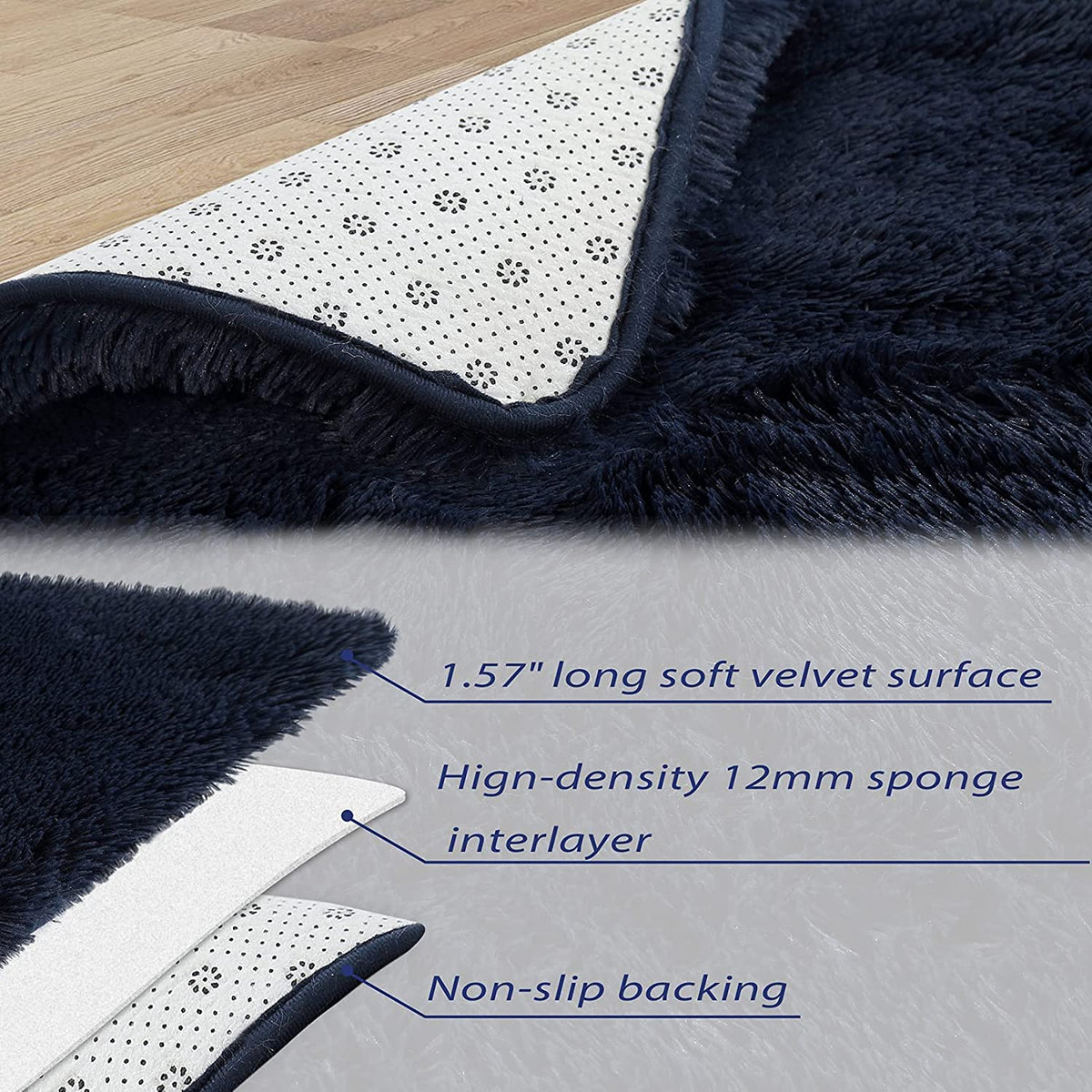 Tapis Garvee bleu marine extra large 2,74 m x 3,66 m, en polyester haute densité moelleux et antidérapant, pour salon ou chambre d'enfant