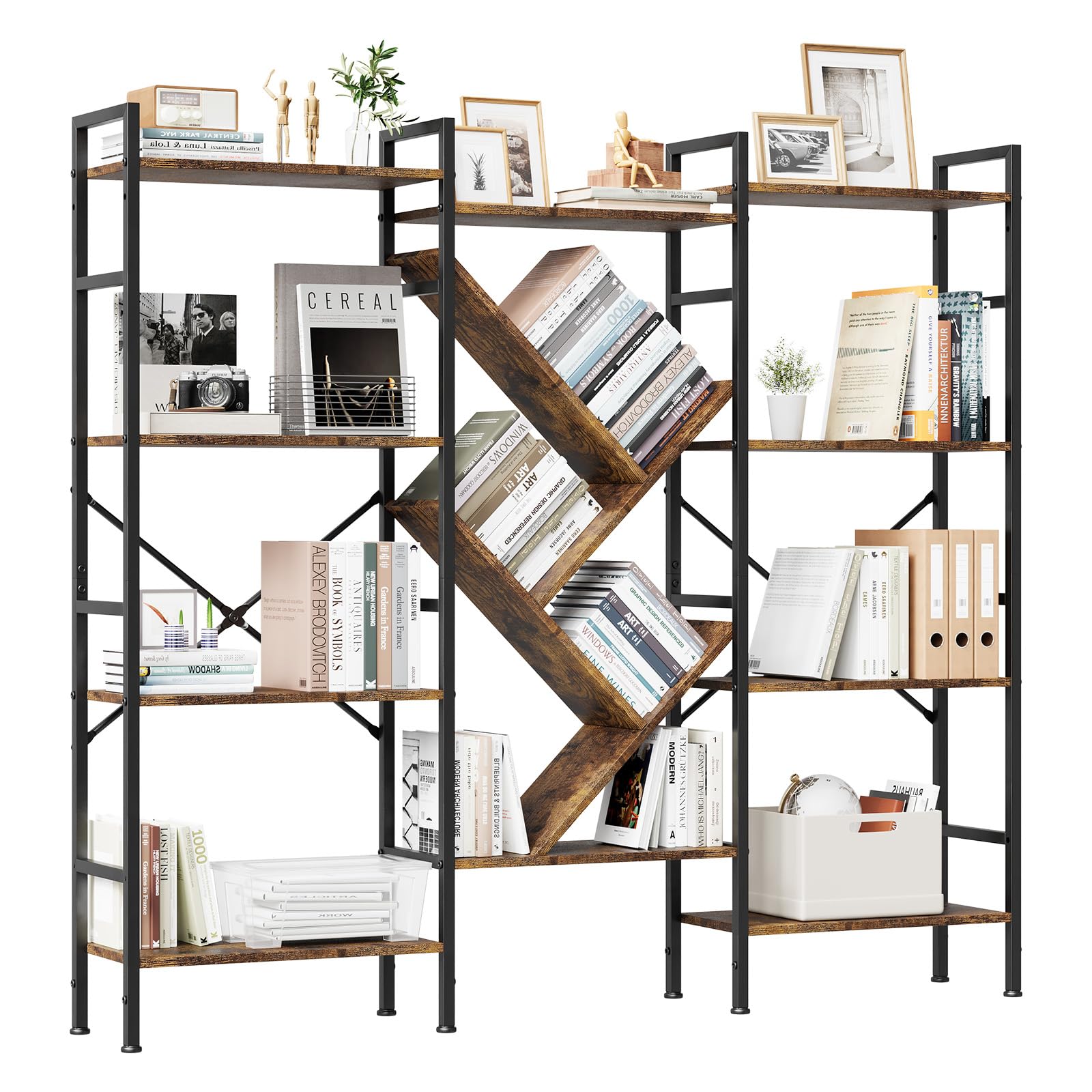 Bibliothèque Garvee Triple à 5 niveaux avec structure en acier, 11 étagères ouvertes, bois et métal, salon et bureau, 158,2 x 24,1 x 140,3 cm, noire