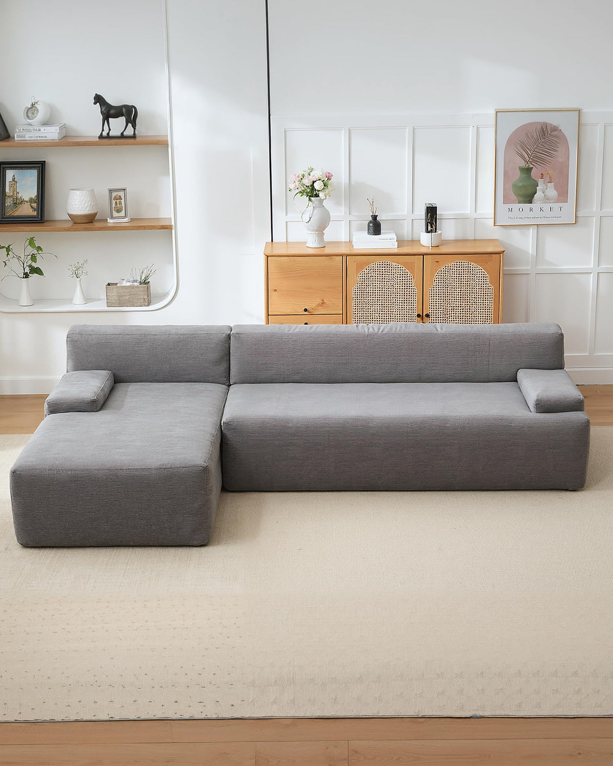 Canapé d'angle Garvee Cloud 108" avec méridienne, canapé ultra-doux sans ossature, tissu velours côtelé, forme en L, super moelleux, salon