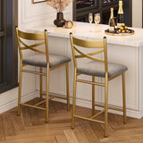Ensemble de 2 tabourets de bar Garvee, chaises de salle à manger en métal avec dossier en X, revêtement en cuir PU épais, couleur or, pour cuisine et restaurant - Or