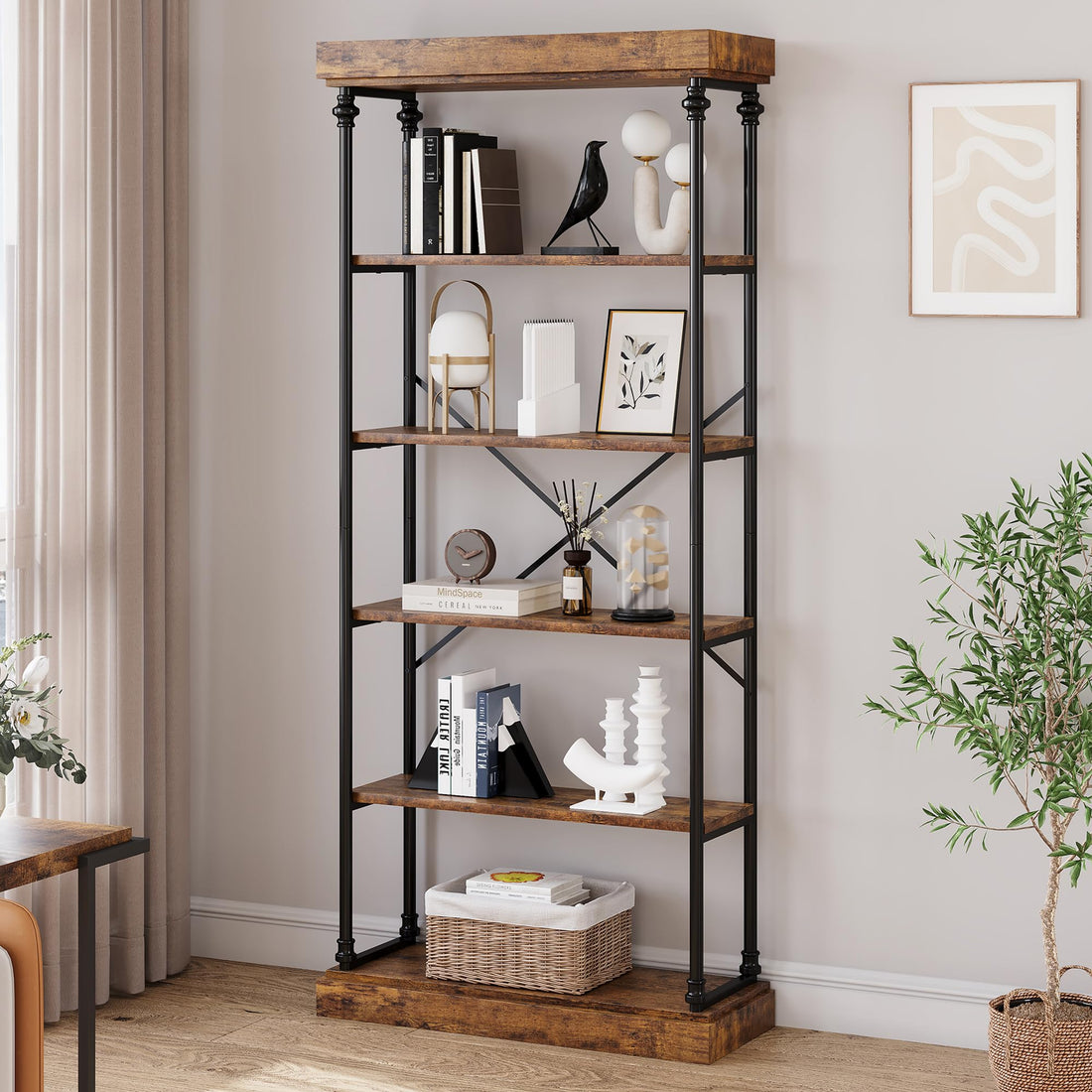 Garvee Étagère industrielle à 6 niveaux, structure en bois et métal, pour salon et bureau, 187×80×30cm, style vintage