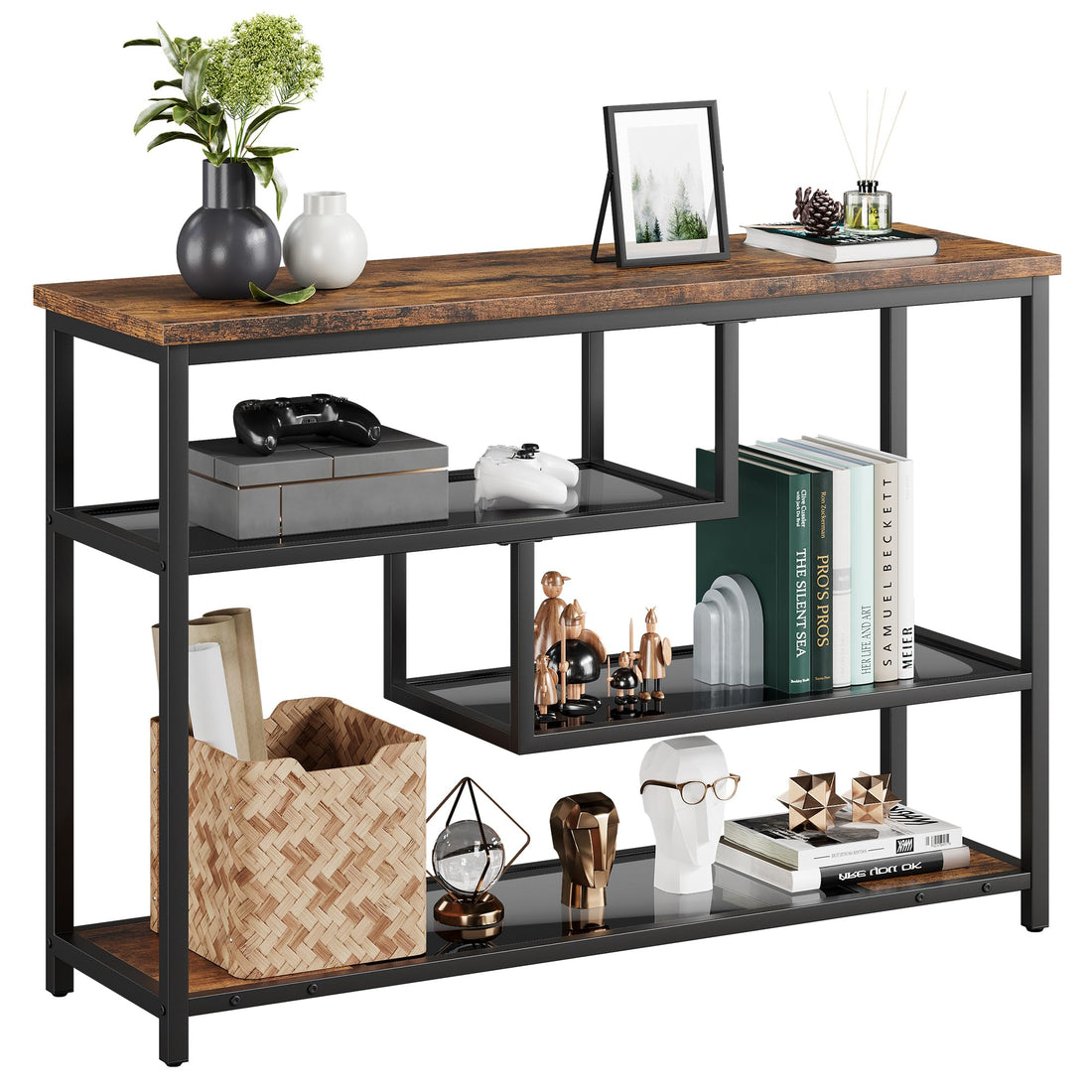 Console Garvee à 4 niveaux avec étagère en verre et structure en métal, idéale pour l'entrée et le salon, 100 x 30 x 75 cm, gris rustique